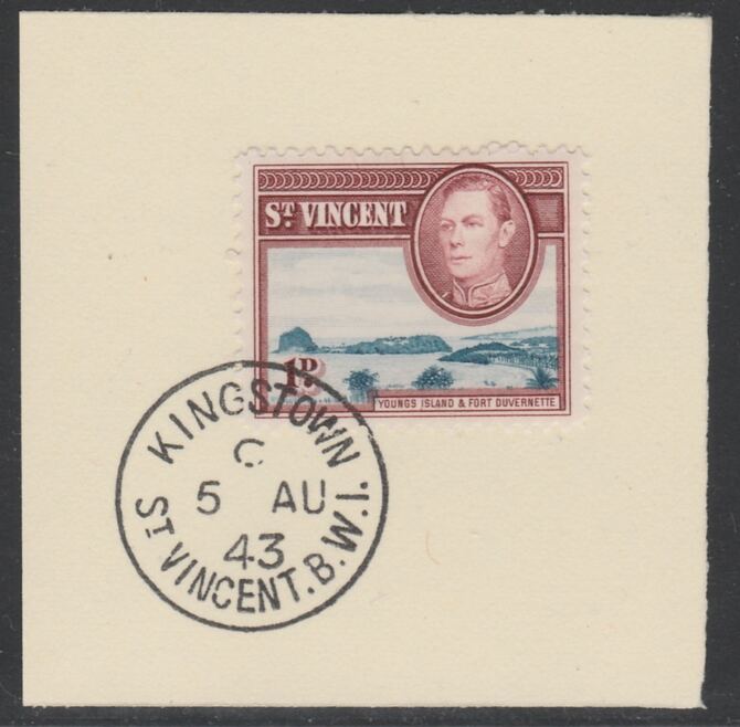 St Vincent 1938 KG6 Pictorial definitive 1d SG 150 on piece with full strike of Madame Joseph forged postmark type 372, stamps on , stamps on  kg6 , stamps on forgery