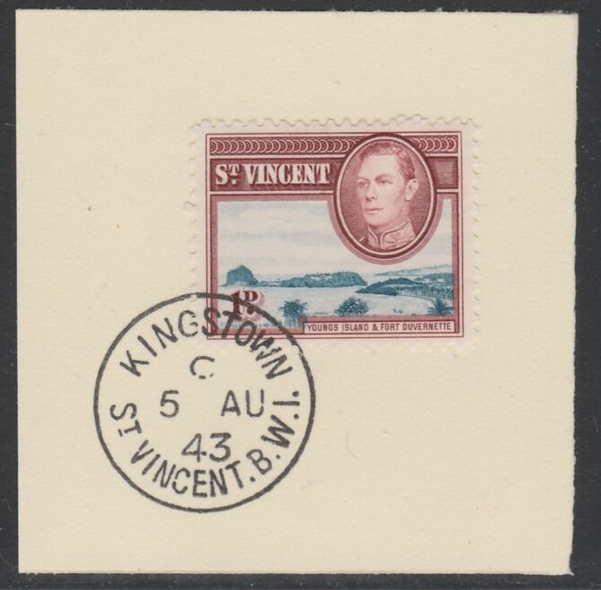 St Vincent 1938 KG6 Pictorial definitive 1d SG 150 on piece with full strike of Madame Joseph forged postmark type 372, stamps on , stamps on  kg6 , stamps on forgery