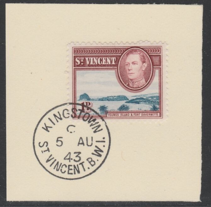 St Vincent 1938 KG6 Pictorial definitive 1d SG 150 on piece with full strike of Madame Joseph forged postmark type 372, stamps on , stamps on  stamps on , stamps on  stamps on  kg6 , stamps on  stamps on forgery