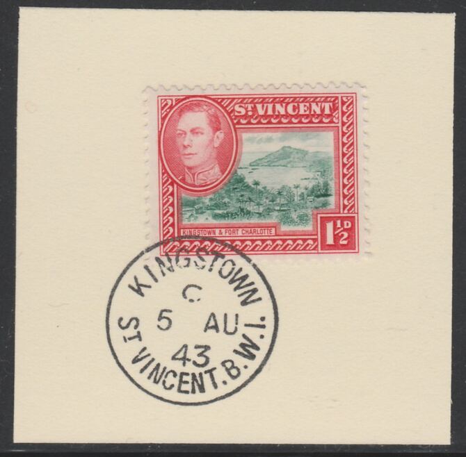 St Vincent 1938 KG6 Pictorial definitive 1.5d SG 151 on piece with full strike of Madame Joseph forged postmark type 372, stamps on , stamps on  kg6 , stamps on forgery