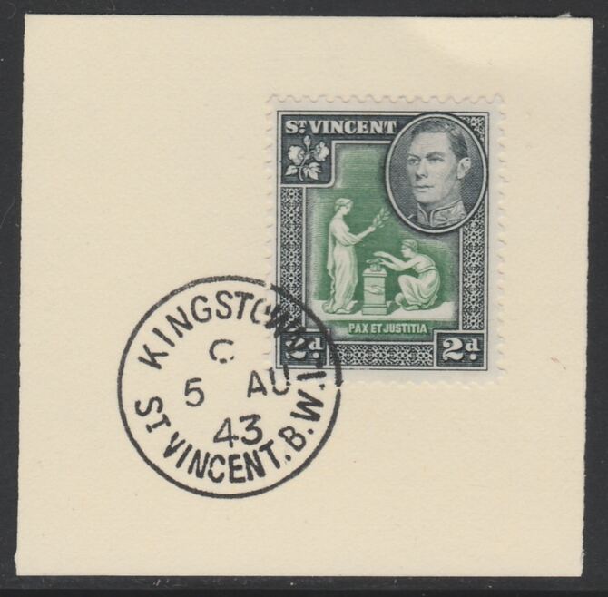 St Vincent 1938 KG6 Pictorial definitive 2d SG 152 on piece with full strike of Madame Joseph forged postmark type 372, stamps on , stamps on  stamps on , stamps on  stamps on  kg6 , stamps on  stamps on forgery