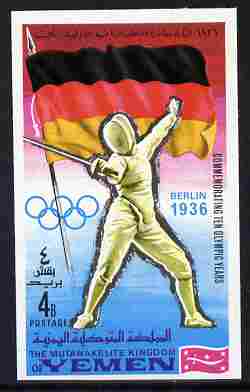 Yemen - Royalist 1968 Fencing 4b from Summer Olympics imperf set unmounted mint, Mi 520B, stamps on olympics, stamps on flags, stamps on fencing