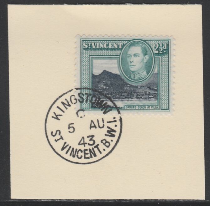 St Vincent 1938 KG6 Pictorial definitive 2.5d SG 153 on piece with full strike of Madame Joseph forged postmark type 372, stamps on , stamps on  kg6 , stamps on forgery