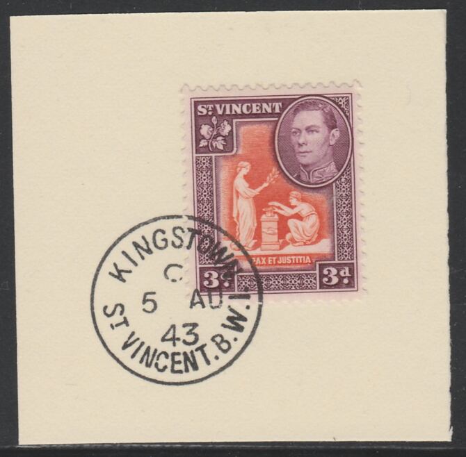 St Vincent 1938 KG6 Pictorial definitive 3d SG 154 on piece with full strike of Madame Joseph forged postmark type 372, stamps on , stamps on  kg6 , stamps on forgery