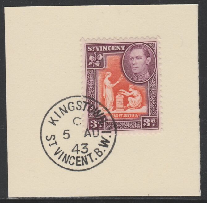 St Vincent 1938 KG6 Pictorial definitive 3d SG 154 on piece with full strike of Madame Joseph forged postmark type 372, stamps on , stamps on  stamps on , stamps on  stamps on  kg6 , stamps on  stamps on forgery