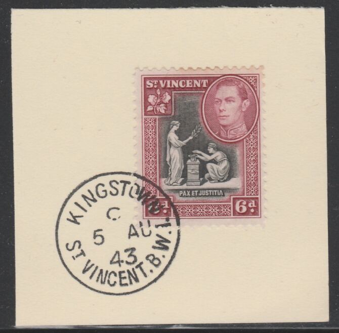 St Vincent 1938 KG6 Pictorial definitive 6d SG 155 on piece with full strike of Madame Joseph forged postmark type 372, stamps on , stamps on  stamps on , stamps on  stamps on  kg6 , stamps on  stamps on forgery