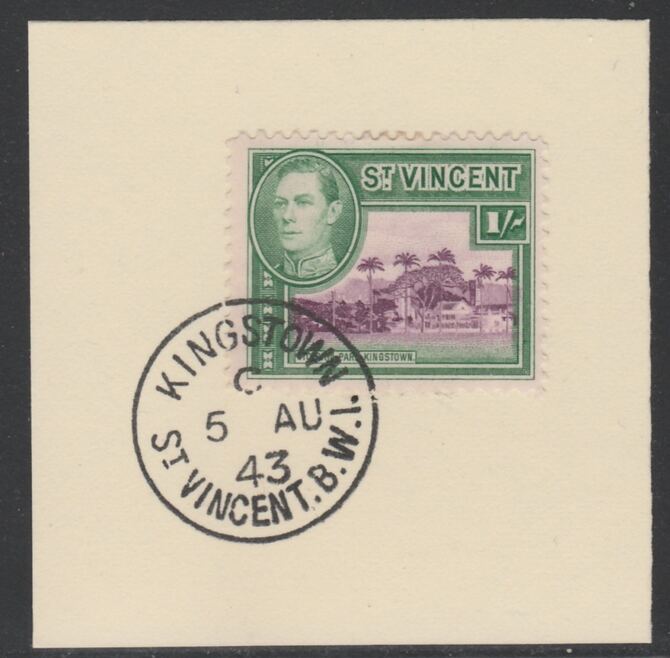 St Vincent 1938 KG6 Pictorial definitive 1s SG 156 on piece with full strike of Madame Joseph forged postmark type 372, stamps on , stamps on  stamps on , stamps on  stamps on  kg6 , stamps on  stamps on forgery