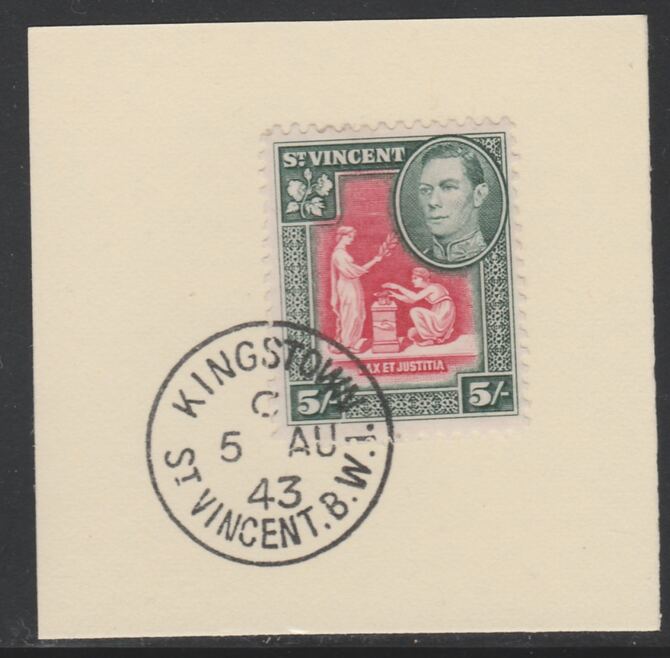 St Vincent 1938 KG6 Pictorial definitive 5s SG 158 on piece with full strike of Madame Joseph forged postmark type 372, stamps on , stamps on  stamps on , stamps on  stamps on  kg6 , stamps on  stamps on forgery