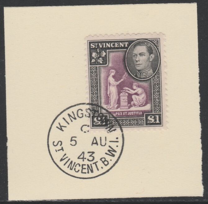 St Vincent 1938 KG6 Pictorial definitive Â£1 SG 159 on piece with full strike of Madame Joseph forged postmark type 372, stamps on , stamps on  stamps on , stamps on  stamps on  kg6 , stamps on  stamps on forgery