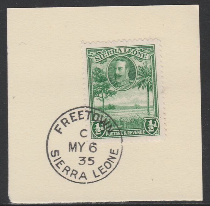 Sierra Leone 1932 KG5 Pictorial 1/2d green SG 155 on piece with full strike of Madame Joseph forged postmark type 393, stamps on , stamps on  kg5 , stamps on forgery