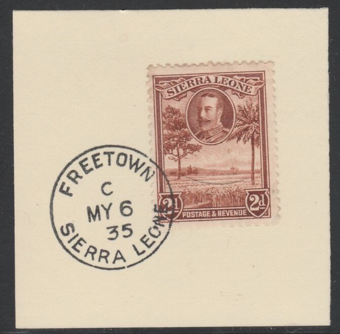 Sierra Leone 1932 KG5 Pictorial 2d brown SG 158 on piece with full strike of Madame Joseph forged postmark type 393, stamps on , stamps on  kg5 , stamps on forgery