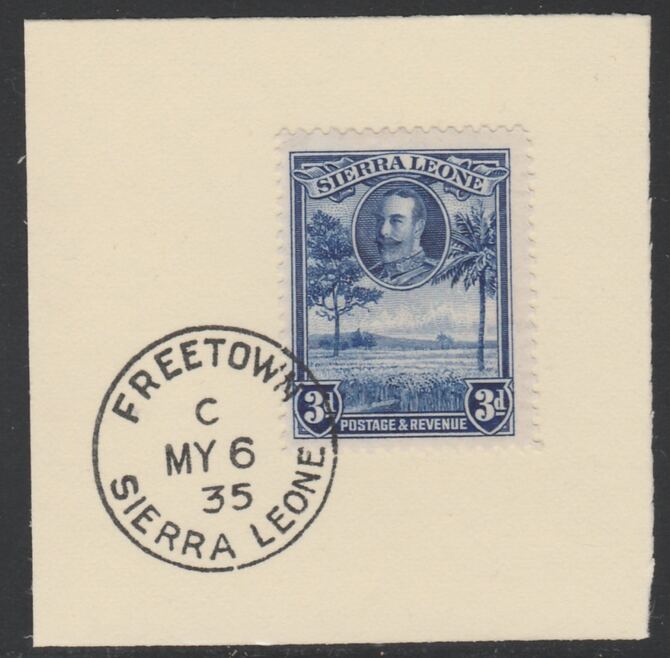 Sierra Leone 1932 KG5 Pictorial 3d blue SG 159 on piece with full strike of Madame Joseph forged postmark type 393, stamps on , stamps on  stamps on , stamps on  stamps on  kg5 , stamps on  stamps on forgery