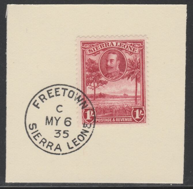 Sierra Leone 1932 KG5 Pictorial 1s lake SG 163on piece with full strike of Madame Joseph forged postmark type 393, stamps on , stamps on  kg5 , stamps on forgery