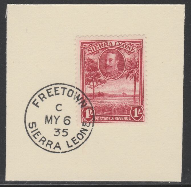 Sierra Leone 1932 KG5 Pictorial 1s lake SG 163on piece with full strike of Madame Joseph forged postmark type 393, stamps on , stamps on  stamps on , stamps on  stamps on  kg5 , stamps on  stamps on forgery