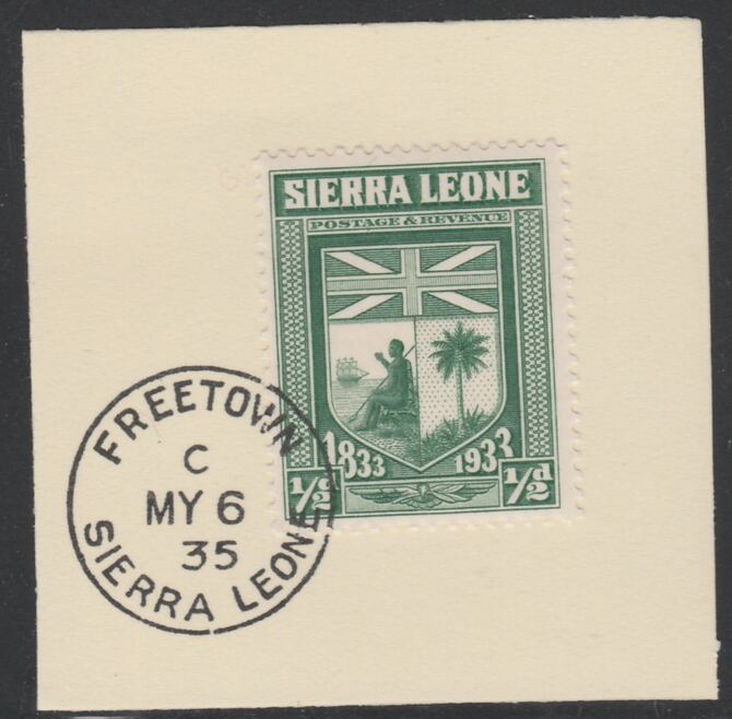 Sierra Leone 1933 Centenary of Abolition of Slavery 1/2d SG 168 on piece with full strike of Madame Joseph forged postmark type 393, stamps on , stamps on  kg5 , stamps on forgery, stamps on slavery