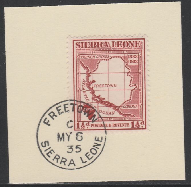 Sierra Leone 1933 Centenary of Abolition of Slavery 1.5d SG 170 on piece with full strike of Madame Joseph forged postmark type 393, stamps on , stamps on  kg5 , stamps on forgery, stamps on slavery