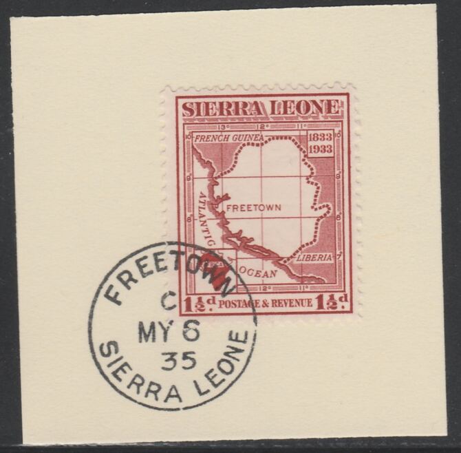 Sierra Leone 1933 Centenary of Abolition of Slavery 1.5d SG 170 on piece with full strike of Madame Joseph forged postmark type 393, stamps on , stamps on  stamps on , stamps on  stamps on  kg5 , stamps on  stamps on forgery, stamps on  stamps on slavery