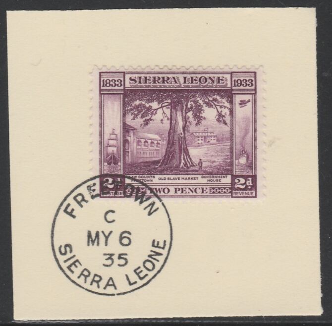 Sierra Leone 1933 Centenary of Abolition of Slavery 2d SG 171 on piece with full strike of Madame Joseph forged postmark type 393, stamps on , stamps on  stamps on , stamps on  stamps on  kg5 , stamps on  stamps on forgery, stamps on  stamps on slavery