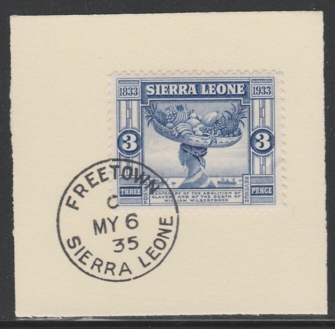 Sierra Leone 1933 Centenary of Abolition of Slavery 3d SG 172 on piece with full strike of Madame Joseph forged postmark type 393, stamps on , stamps on  kg5 , stamps on forgery, stamps on slavery