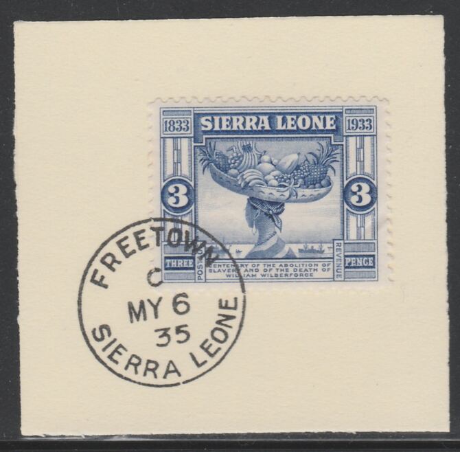 Sierra Leone 1933 Centenary of Abolition of Slavery 3d SG 172 on piece with full strike of Madame Joseph forged postmark type 393, stamps on , stamps on  stamps on , stamps on  stamps on  kg5 , stamps on  stamps on forgery, stamps on  stamps on slavery