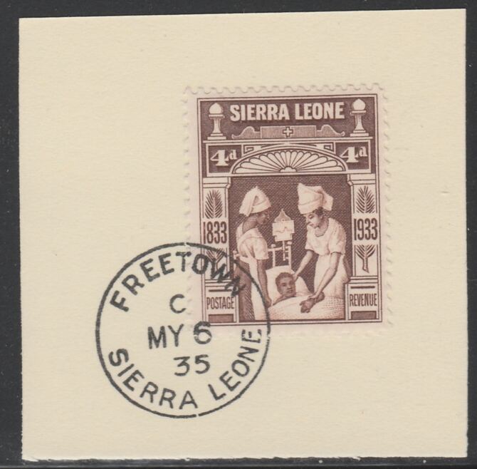 Sierra Leone 1933 Centenary of Abolition of Slavery 4d SG 173 on piece with full strike of Madame Joseph forged postmark type 393, stamps on , stamps on  kg5 , stamps on forgery, stamps on slavery