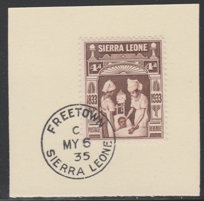 Sierra Leone 1933 Centenary of Abolition of Slavery 4d SG 173 on piece with full strike of Madame Joseph forged postmark type 393, stamps on , stamps on  stamps on , stamps on  stamps on  kg5 , stamps on  stamps on forgery, stamps on  stamps on slavery