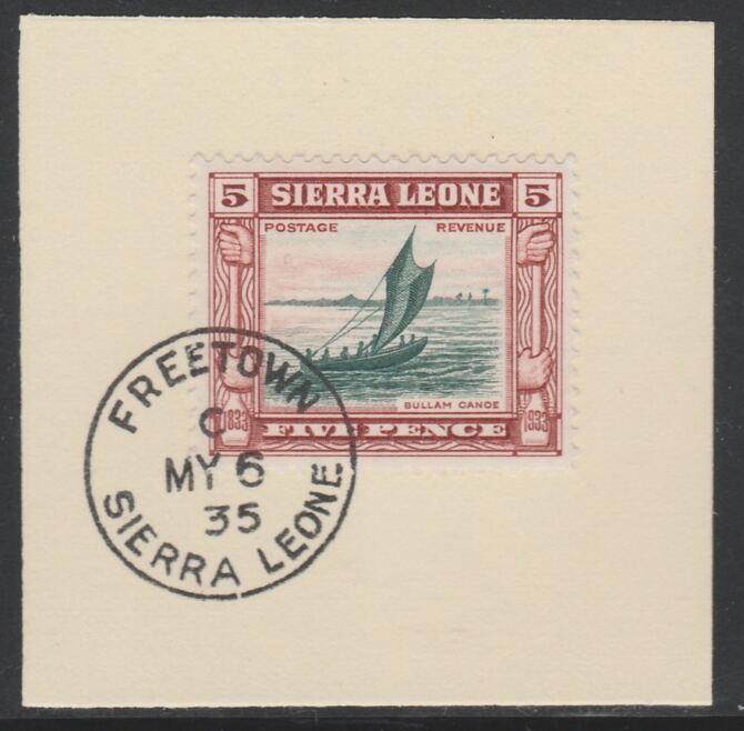 Sierra Leone 1933 Centenary of Abolition of Slavery 5d SG 174 on piece with full strike of Madame Joseph forged postmark type 393, stamps on , stamps on  stamps on , stamps on  stamps on  kg5 , stamps on  stamps on forgery, stamps on  stamps on slavery