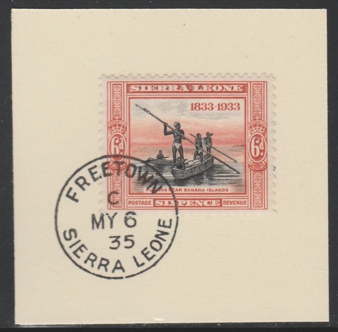 Sierra Leone 1933 Centenary of Abolition of Slavery 6d SG 175 on piece with full strike of Madame Joseph forged postmark type 393, stamps on , stamps on  kg5 , stamps on forgery, stamps on slavery