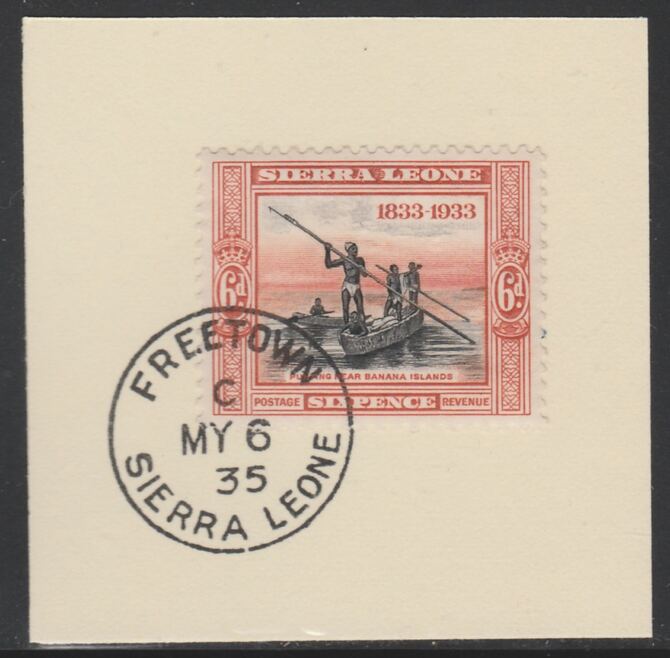 Sierra Leone 1933 Centenary of Abolition of Slavery 6d SG 175 on piece with full strike of Madame Joseph forged postmark type 393, stamps on , stamps on  stamps on , stamps on  stamps on  kg5 , stamps on  stamps on forgery, stamps on  stamps on slavery