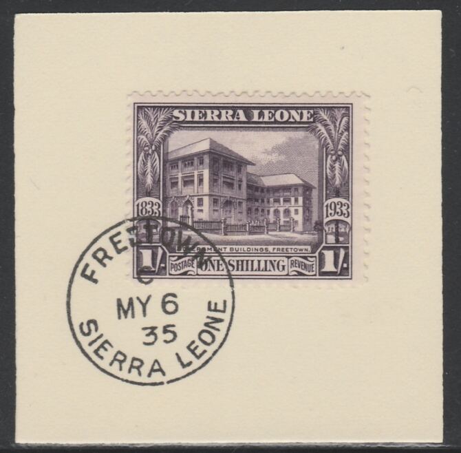 Sierra Leone 1933 Centenary of Abolition of Slavery 1s SG 176 on piece with full strike of Madame Joseph forged postmark type 393, stamps on , stamps on  stamps on , stamps on  stamps on  kg5 , stamps on  stamps on forgery, stamps on  stamps on slavery