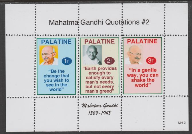 Palatine (Fantasy) Quotations by Mahatma Gandhi #2 perf deluxe glossy sheetlet containing 3 values each with a famous quotation,unmounted mint, stamps on personalities, stamps on gandhi