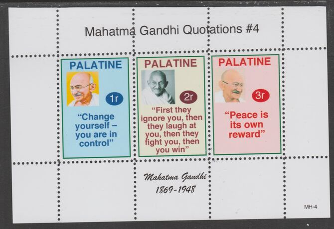 Palatine (Fantasy) Quotations by Mahatma Gandhi #4 perf deluxe glossy sheetlet containing 3 values each with a famous quotation,unmounted mint, stamps on personalities, stamps on gandhi