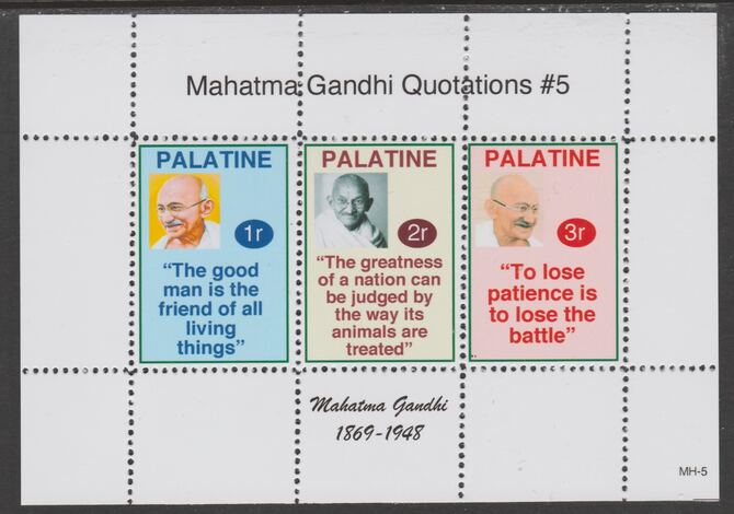 Palatine (Fantasy) Quotations by Mahatma Gandhi #5 perf deluxe glossy sheetlet containing 3 values each with a famous quotation,unmounted mint, stamps on personalities, stamps on gandhi