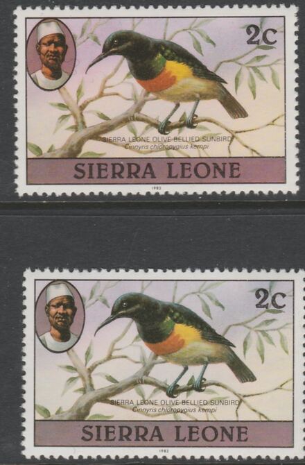Sierra Leone 1980-82 Birds - Sunbird 2c (with 1982 imprint date) two good shades both unmounted mint SG 623B, stamps on , stamps on  stamps on birds, stamps on  stamps on 