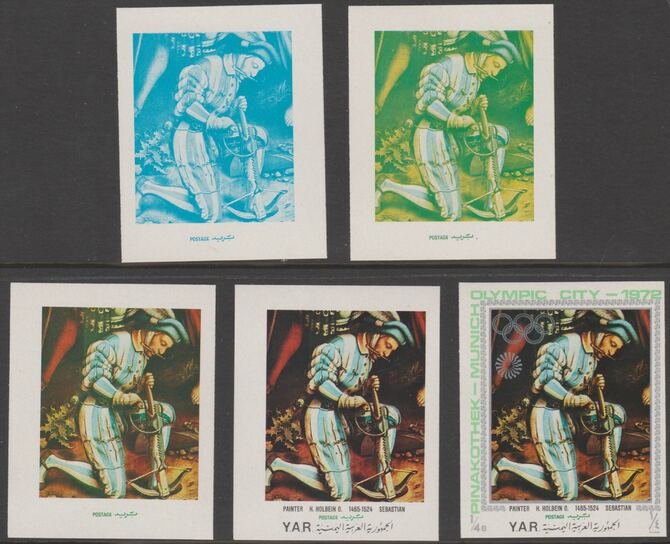 Yemen - Republic 1971 Munich Olympic Games - Paintings 1/4B Martyrdom by Holbein the set of 5 progressive proofs comprising 1, 2, 3, 4 colours and completed design all un..., stamps on olympics, stamps on paintings, stamps on arts, stamps on holbein