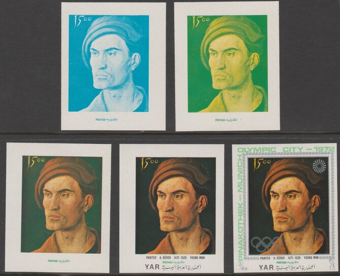 Yemen - Republic 1971 Munich Olympic Games - Paintings 3/4B Young Man by Durer the set of 5 progressive proofs comprising 1, 2, 3, 4 colours and completed design all unmounted mint as Michel1330, stamps on , stamps on  stamps on olympics, stamps on  stamps on paintings, stamps on  stamps on arts, stamps on  stamps on durer