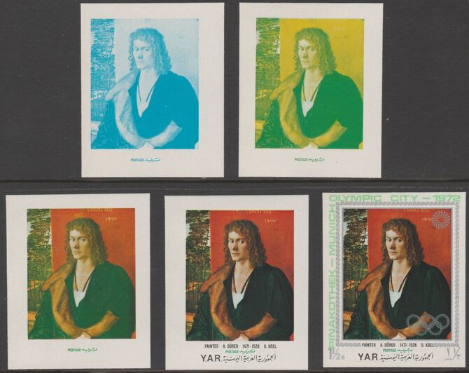 Yemen - Republic 1971 Munich Olympic Games - Paintings 1.5B Portrait by Durer the set of 5 progressive proofs comprising 1, 2, 3, 4 colours and completed design all unmou..., stamps on olympics, stamps on paintings, stamps on arts, stamps on durer