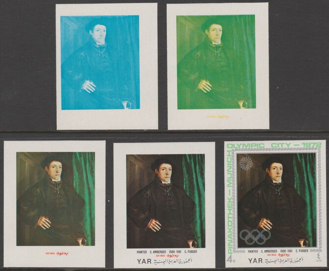 Yemen - Republic 1971 Munich Olympic Games - Paintings 4B Christoph Fugger by Amberger the set of 5 progressive proofs comprising 1, 2, 3, 4 colours and completed design ..., stamps on olympics, stamps on paintings, stamps on arts, stamps on amberger