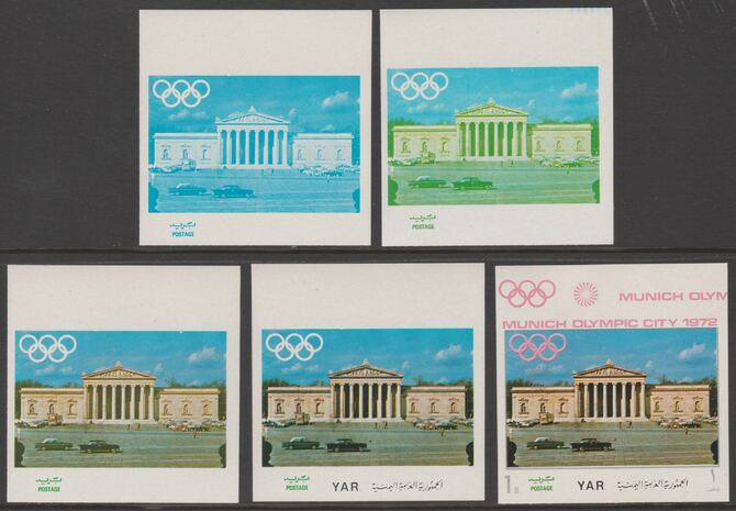 Yemen - Republic 1970 Munich Olympic Games - Famous Sights 1B Glyptothek the set of 5 progressive proofs comprising 1, 2, 3, 4 colours and completed design all unmounted ..., stamps on olympics, stamps on landmarks, stamps on architecture