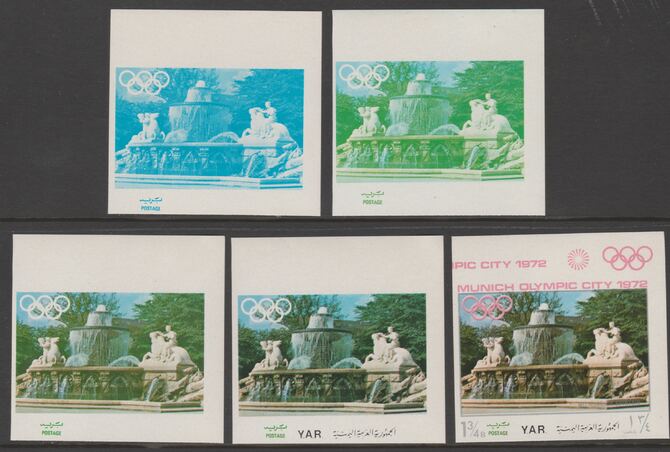 Yemen - Republic 1970 Munich Olympic Games - Famous Sights 1.75B Fountain the set of 5 progressive proofs comprising 1, 2, 3, 4 colours and completed design all unmounted mint as Michel1233, stamps on , stamps on  stamps on olympics, stamps on  stamps on landmarks, stamps on  stamps on architecture, stamps on  stamps on fountain