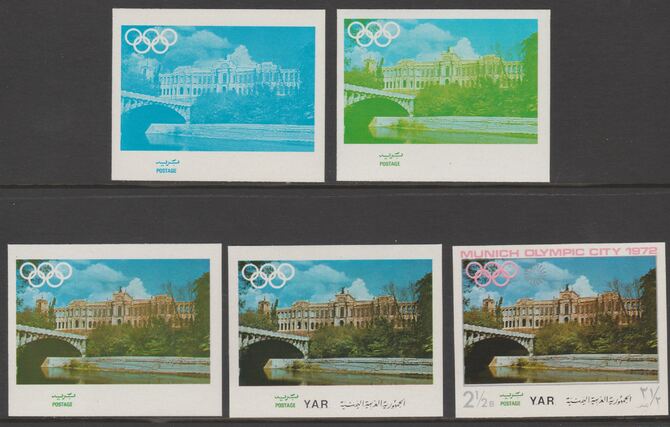 Yemen - Republic 1970 Munich Olympic Games - Famous Sights 2.5B Maximilianeum the set of 5 progressive proofs comprising 1, 2, 3, 4 colours and completed design all unmou..., stamps on olympics, stamps on landmarks, stamps on architecture, stamps on 