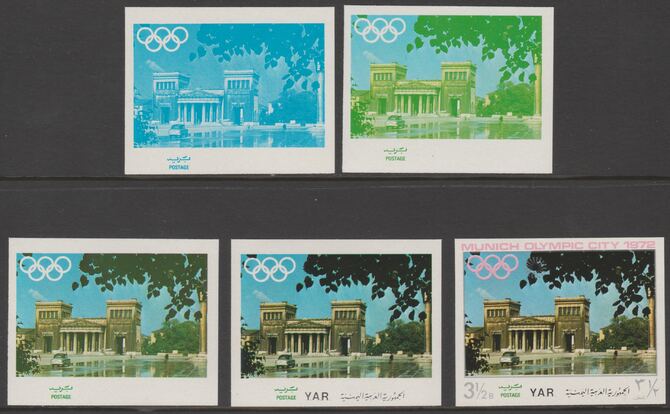 Yemen - Republic 1970 Munich Olympic Games - Famous Sights 3.5B Propylaeum the set of 5 progressive proofs comprising 1, 2, 3, 4 colours and completed design all unmounted mint as Michel1236, stamps on , stamps on  stamps on olympics, stamps on  stamps on landmarks, stamps on  stamps on architecture, stamps on  stamps on 