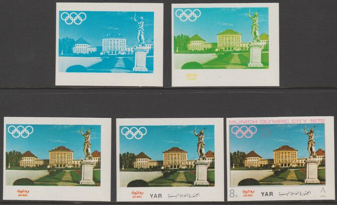 Yemen - Republic 1970 Munich Olympic Games - Famous Sights 8B Nymphenburg Palace the set of 5 progressive proofs comprising 1, 2, 3, 4 colours and completed design all un..., stamps on olympics, stamps on landmarks, stamps on architecture, stamps on 