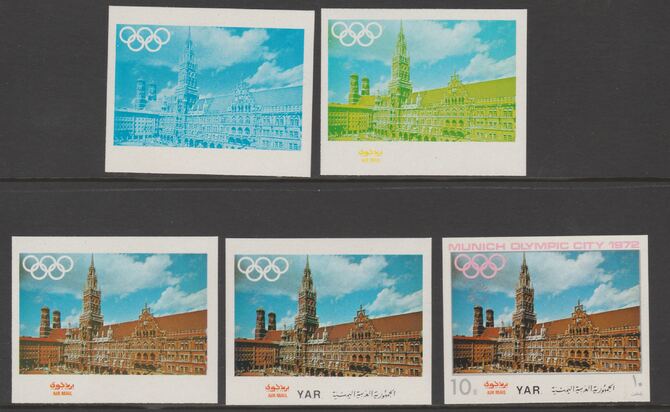 Yemen - Republic 1970 Munich Olympic Games - Famous Sights 10B City Hall the set of 5 progressive proofs comprising 1, 2, 3, 4 colours and completed design all unmounted mint as Michel1238, stamps on , stamps on  stamps on olympics, stamps on  stamps on landmarks, stamps on  stamps on architecture, stamps on  stamps on 