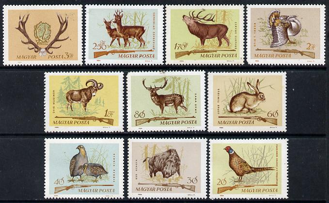 Hungary 1964 Hunting perf set of 10, SG 2034-43, Mi 2079-88, stamps on , stamps on  stamps on hunting   animals   deer    boar    swine    partridge    game    hare    bustard     