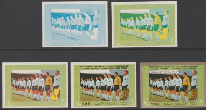 Yemen - Republic 1970 Football World Cup - 1/2B England Team the set of 5 progressive proofs comprising 1, 2, 3, 4 colours and completed design all unmounted mint as Michel1147, stamps on , stamps on  stamps on football 