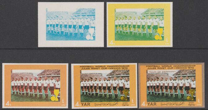 Yemen - Republic 1970 Football World Cup - 4B Germany Team the set of 5 progressive proofs comprising 1, 2, 3, 4 colours and completed design all unmounted mint as Michel1148, stamps on , stamps on  stamps on football 