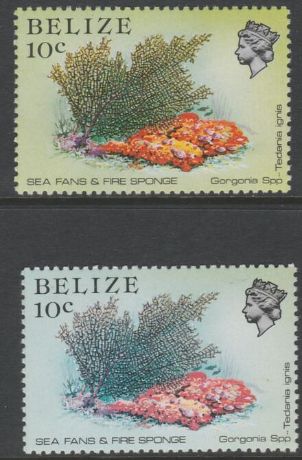 Belize 1984-88 Sea Fans & Fire Sponge 10c two superb shades both unmounted mint SG 772var, stamps on marine life
