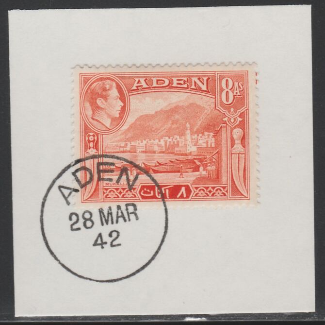 Aden 1939-48 KG6 Mukalla 8a red-orange on piece with full strike of Madame Joseph forged postmark type 3, stamps on , stamps on  kg6 , stamps on 