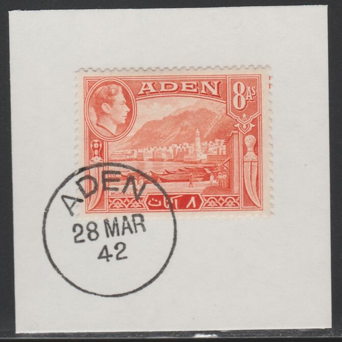 Aden 1939-48 KG6 Mukalla 8a red-orange on piece with full strike of Madame Joseph forged postmark type 3, stamps on , stamps on  stamps on , stamps on  stamps on  kg6 , stamps on  stamps on 